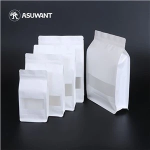กระดาษคราฟท์สีขาวแบนด้านล่าง ziplock พร้อมหน้าต่างสำหรับถั่วธัญพืชกาแฟอาหาร